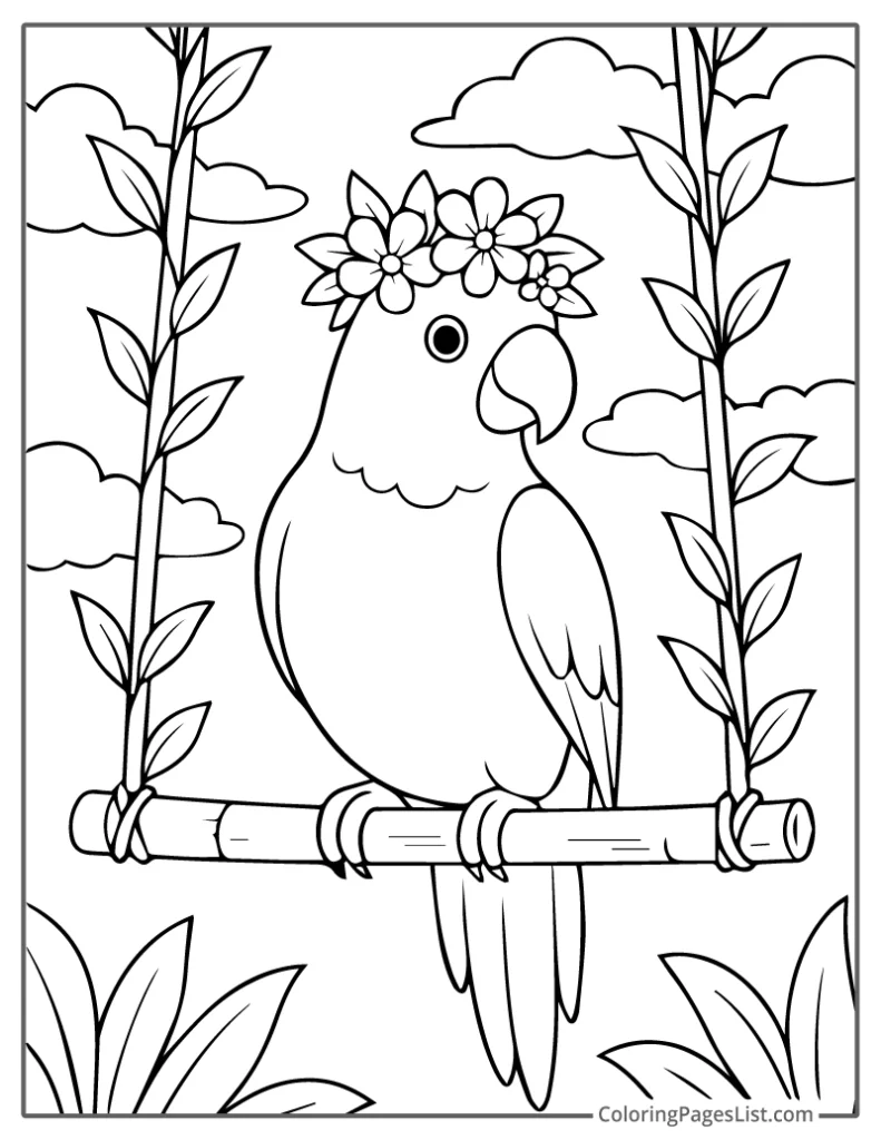 Parrot On Swing Wearing A Flower Crown
