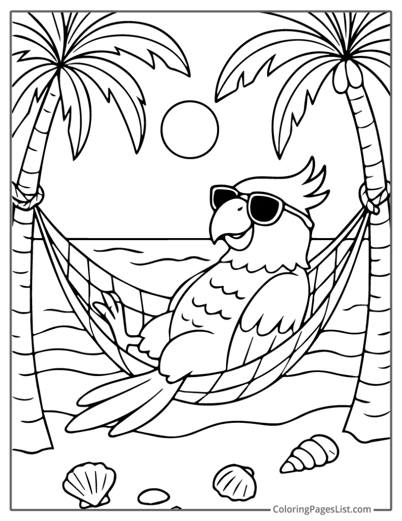 Parrot Relaxing In Hammock Between Palm Trees