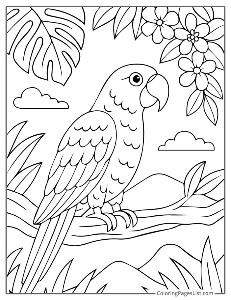 Parrot Sitting On A Branch With Mountain View To Color In