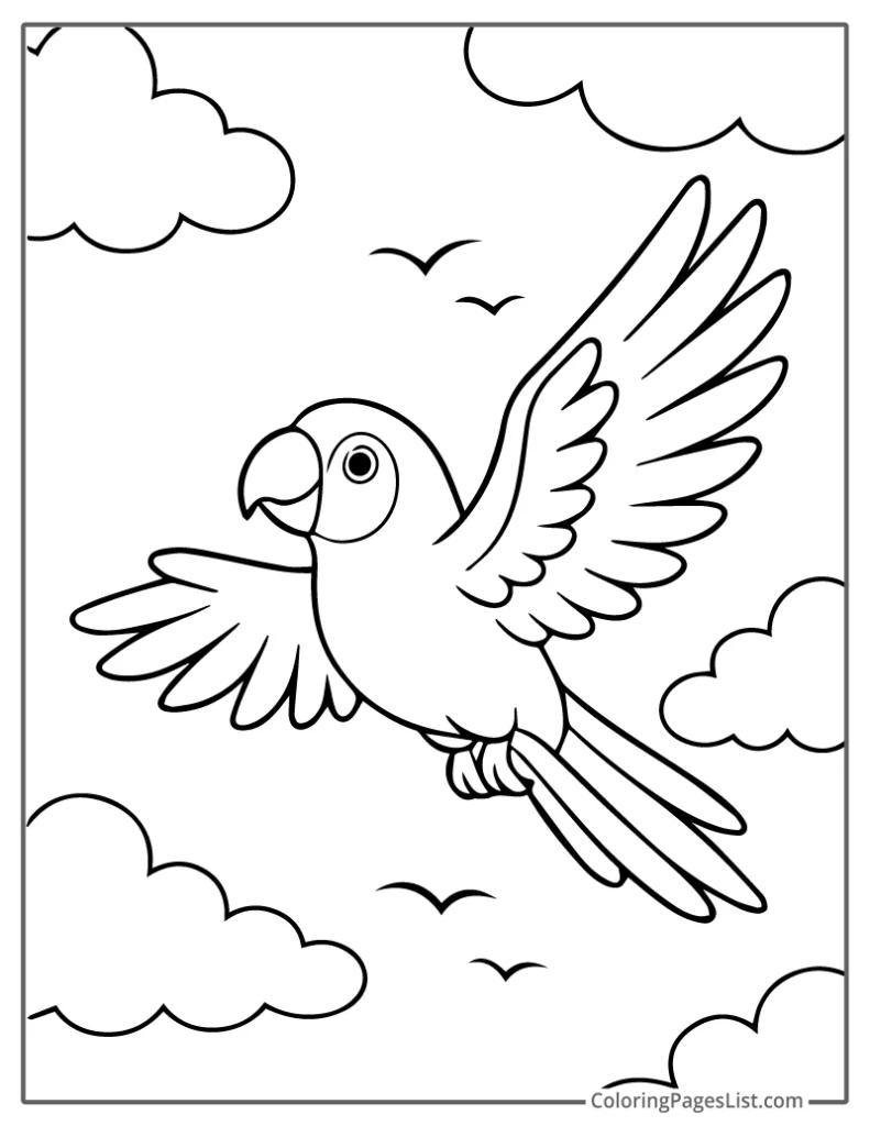 Parrot Soaring In The Sky With Clouds Coloring Page