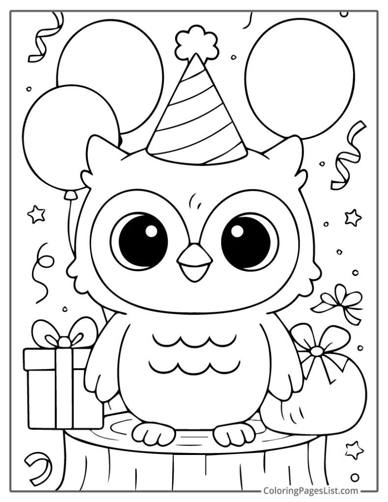 Party Owl with Balloons and Wrapped Gifts Coloring Page