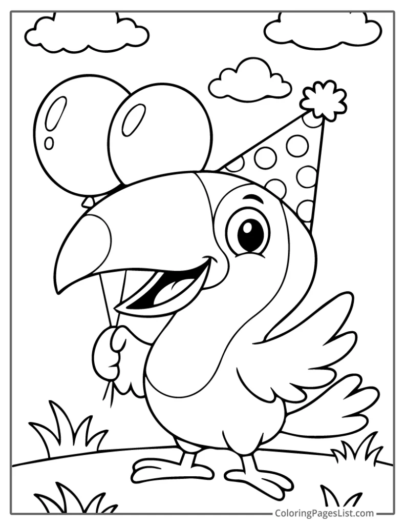 Party Toucan Holding Balloons And Wearing A Hat Coloring Page