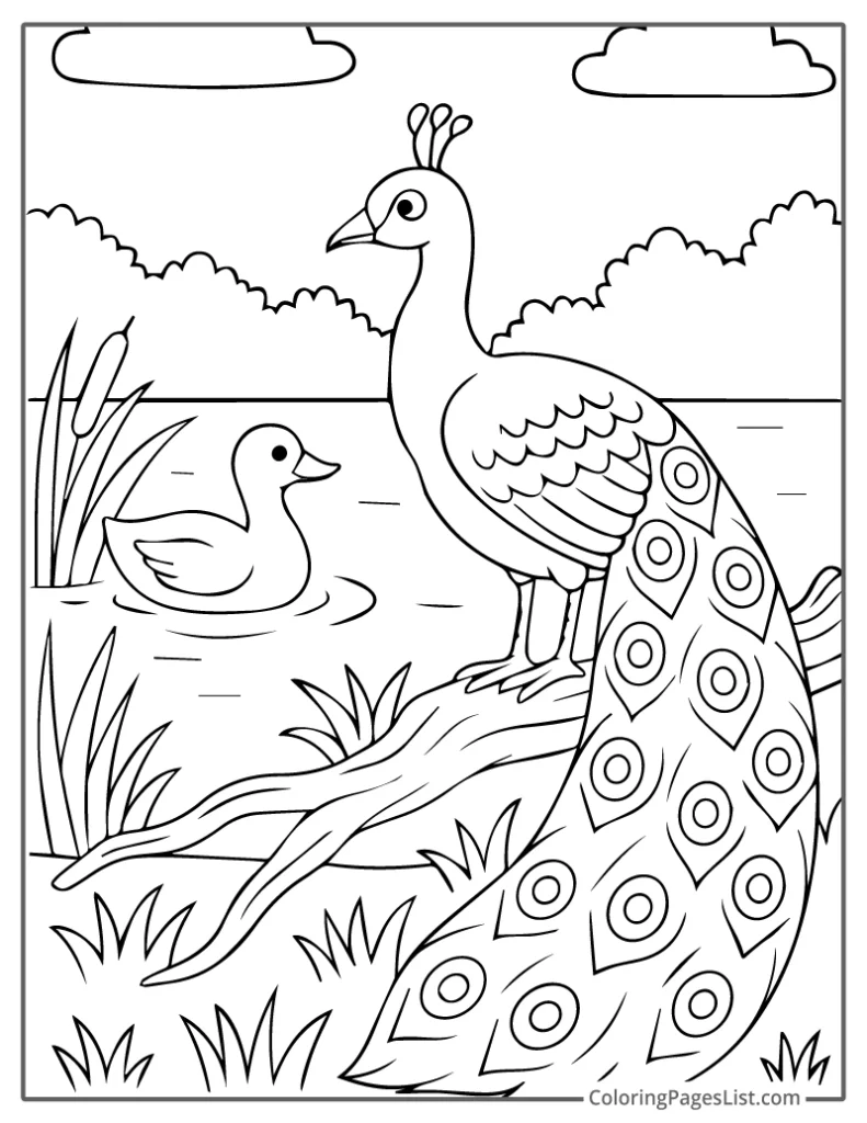 Peacock And Duck Near Calm Lake Coloring Page For Kids