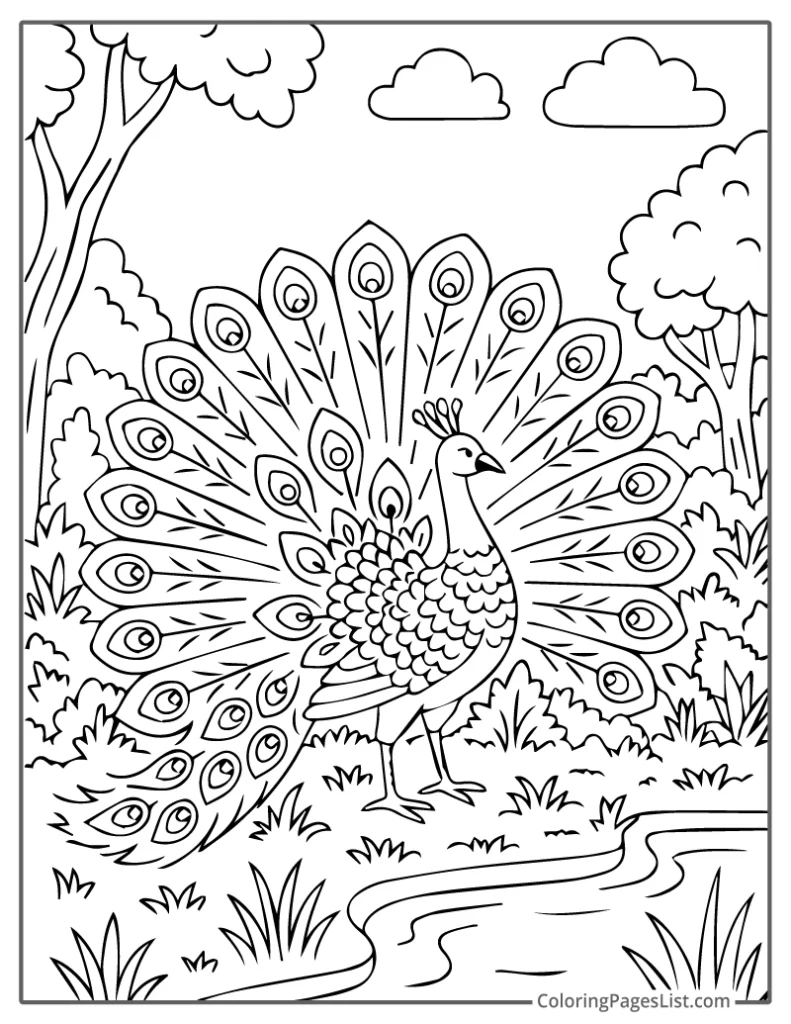Peacock Displaying Full Tail Near Forest Stream For Coloring