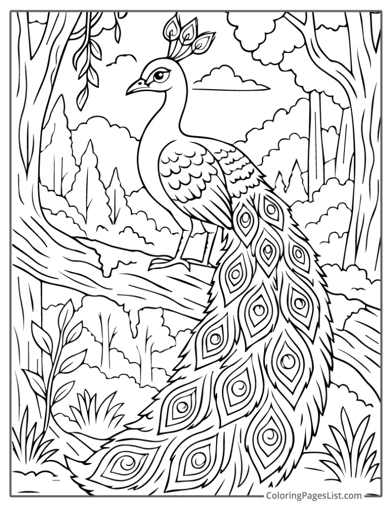 Peacock Resting On Forest Branch With Full Tail To Color In