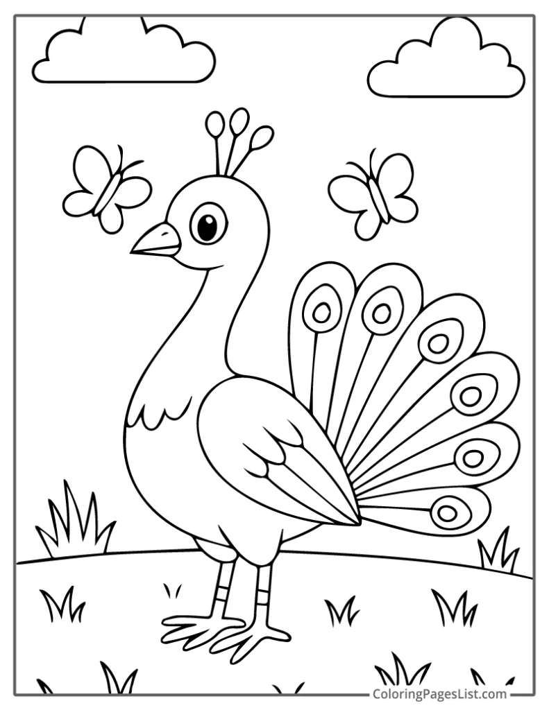 Peacock Standing Gracefully With Butterflies Coloring Page
