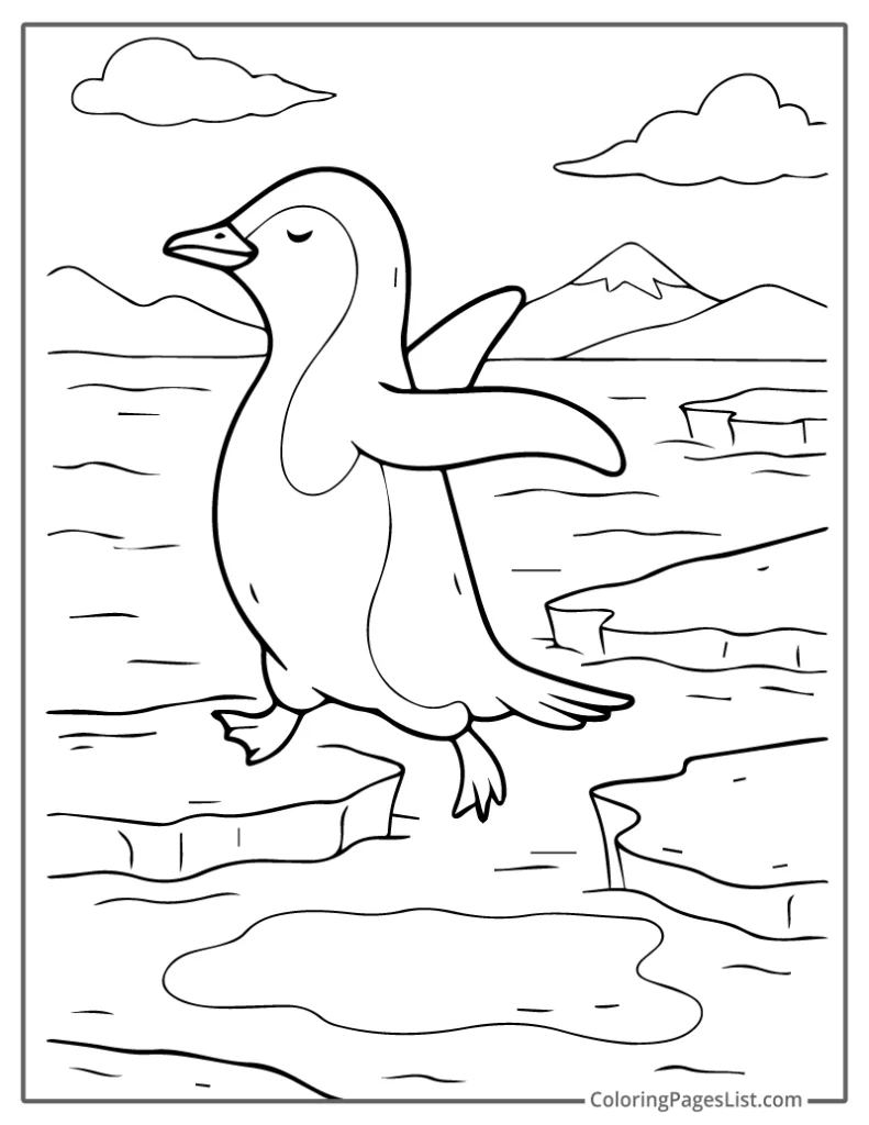 Penguin Balancing Carefully While Ice Hopping Coloring Sheet For Kids