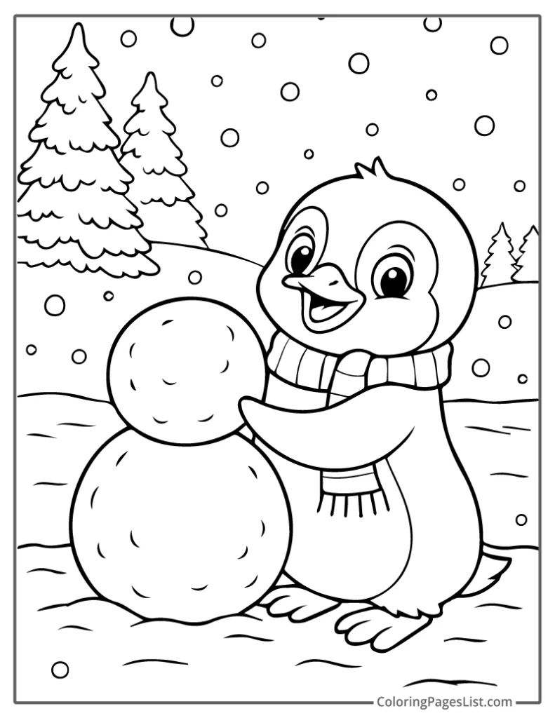 Penguin Building a Snowman in a Pine Forest Coloring Page