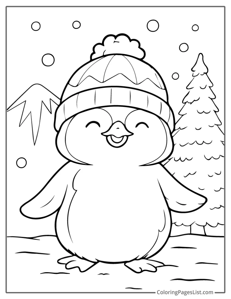 Penguin Chick Smiling in a Cozy Winter Hat Coloring Sheet