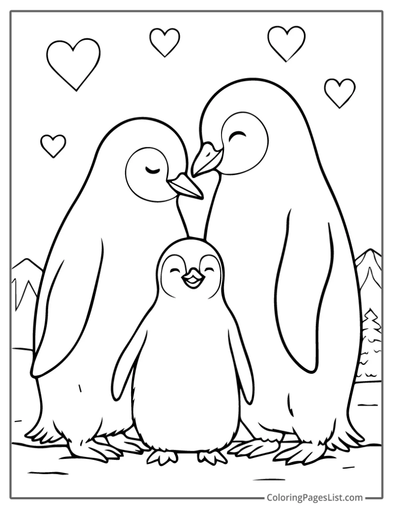 Penguin Family Surrounded by Floating Hearts Coloring Page