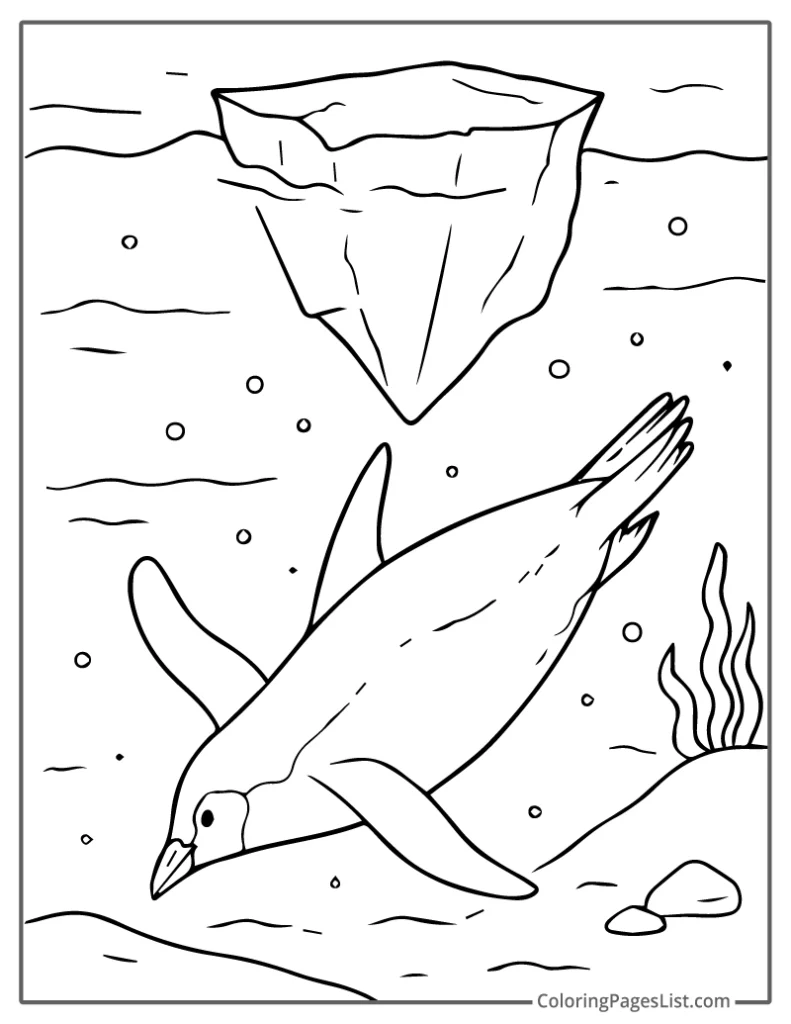 Penguin Gliding Gracefully Beneath an Iceberg To Color In