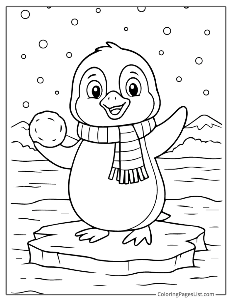 Penguin Holding a Snowball with a Big Smile Coloring Page