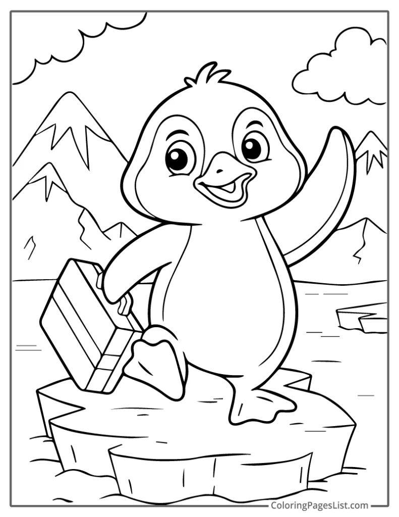 Penguin Holding a Suitcase on a Floating Iceberg Coloring Page