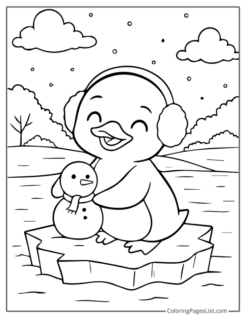 Penguin Hugging a Snowman on Floating Ice Coloring Page