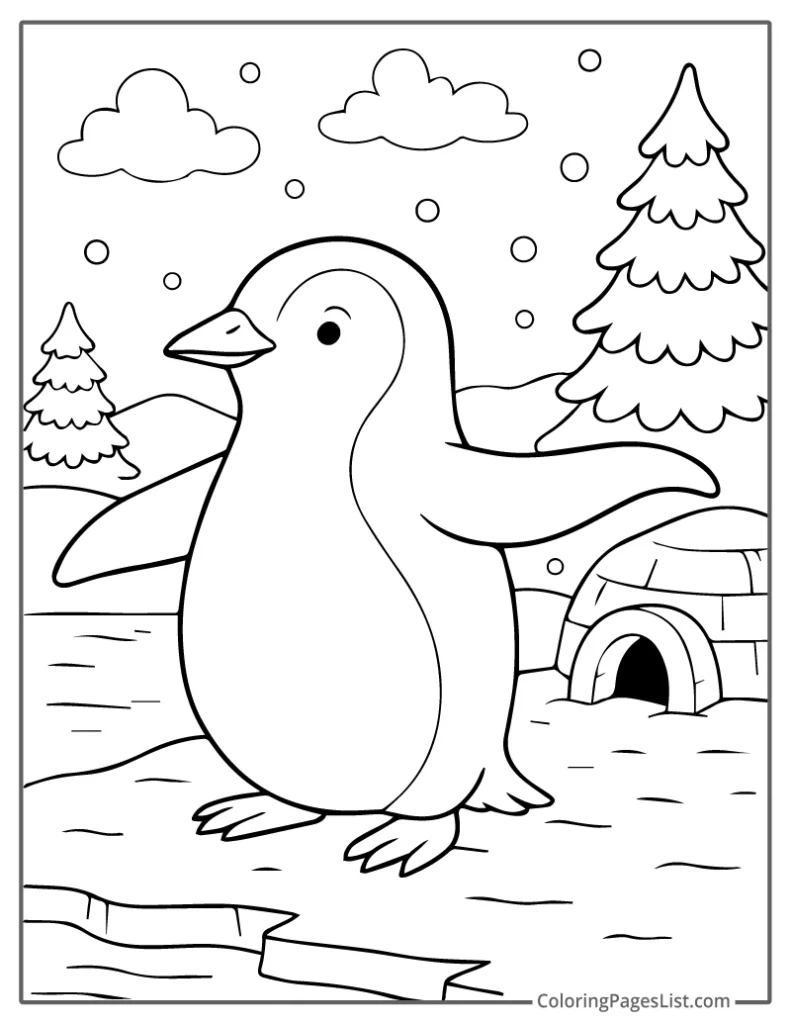 Penguin Standing Near an Igloo in Snowy Pines To Color In
