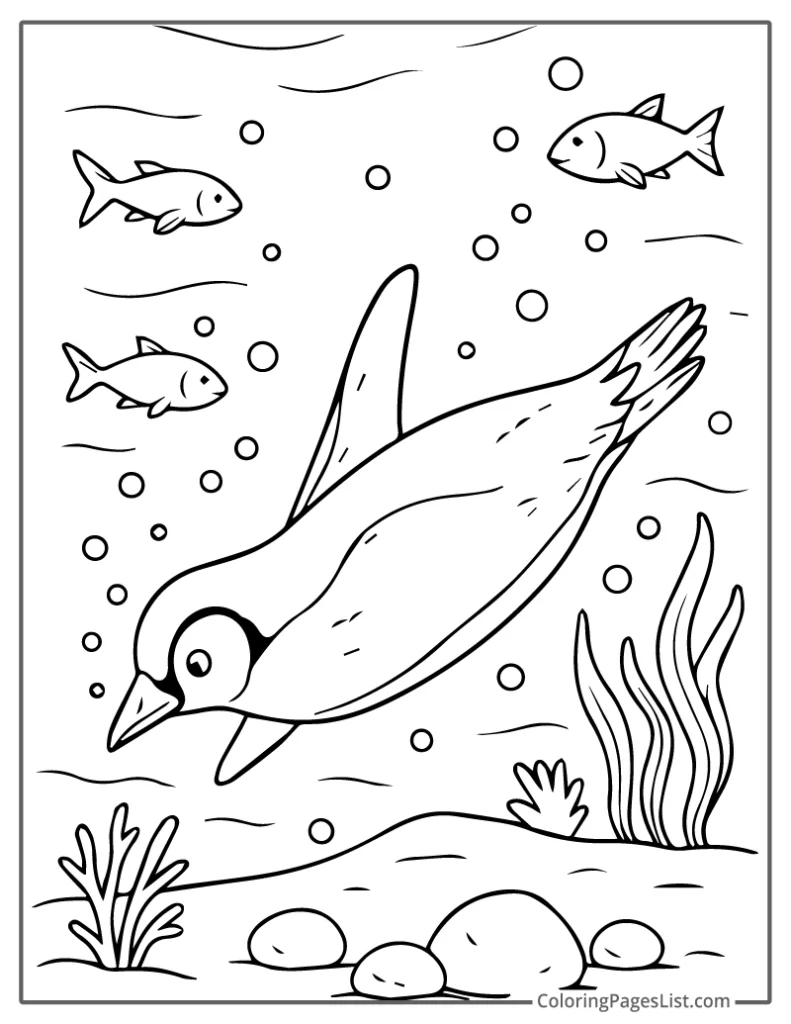 Penguin Swimming Underwater with Curious Fish For Coloring
