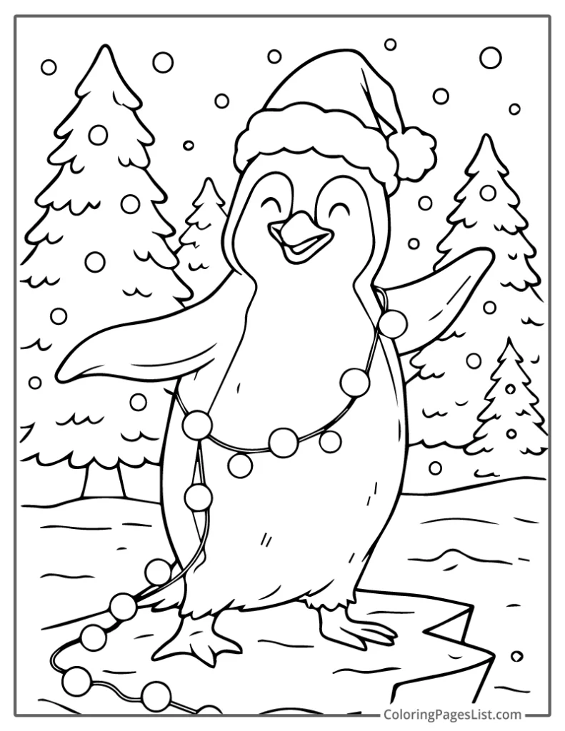 Penguin Tangled in Holiday Lights with a Cheerful Smile