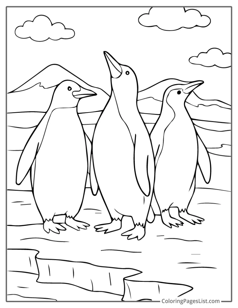 Penguin Trio Standing Proud by Snowy Mountains For Coloring