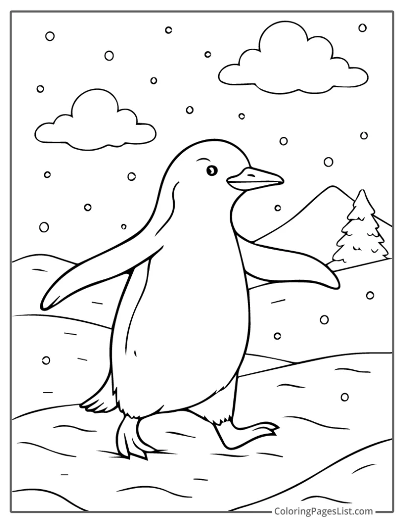 Penguin Walking Through Gentle Falling Snow Coloring Page