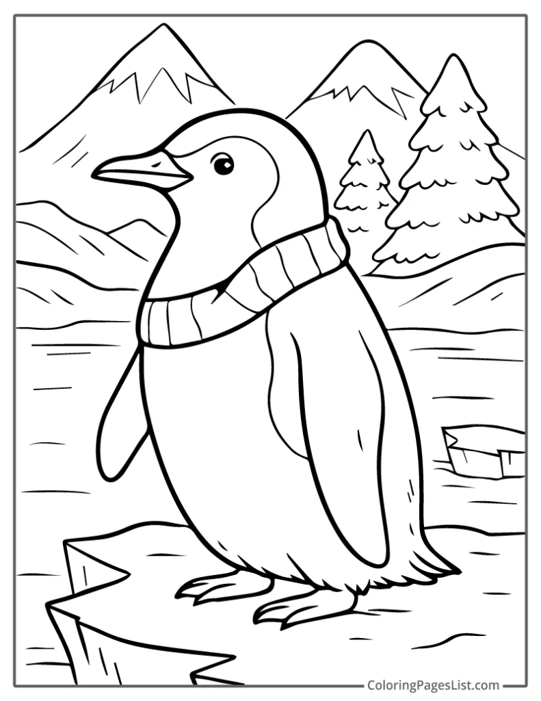 Penguin Wearing a Scarf Among Snowy Peaks To Color In