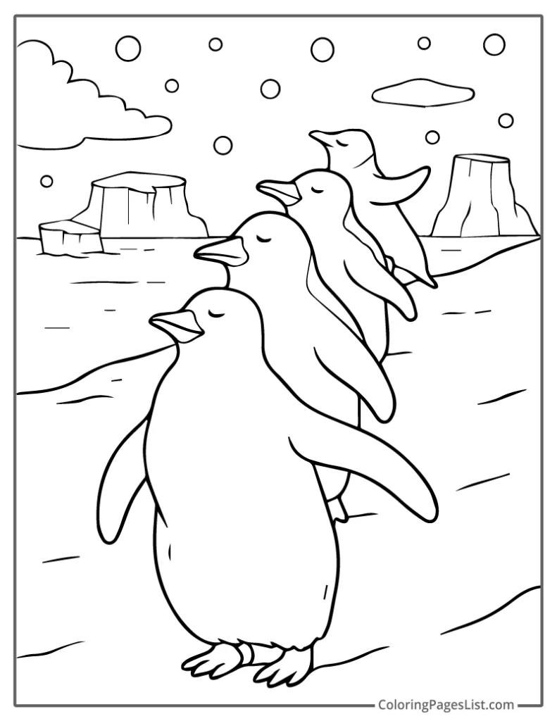 Penguins Marching in a Neat Line Through the Ice For Coloring