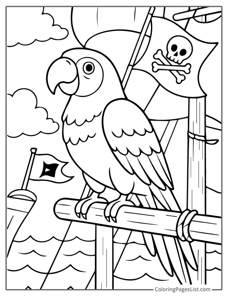 Pirate Parrot On Ship With Flags And Ocean To Color In