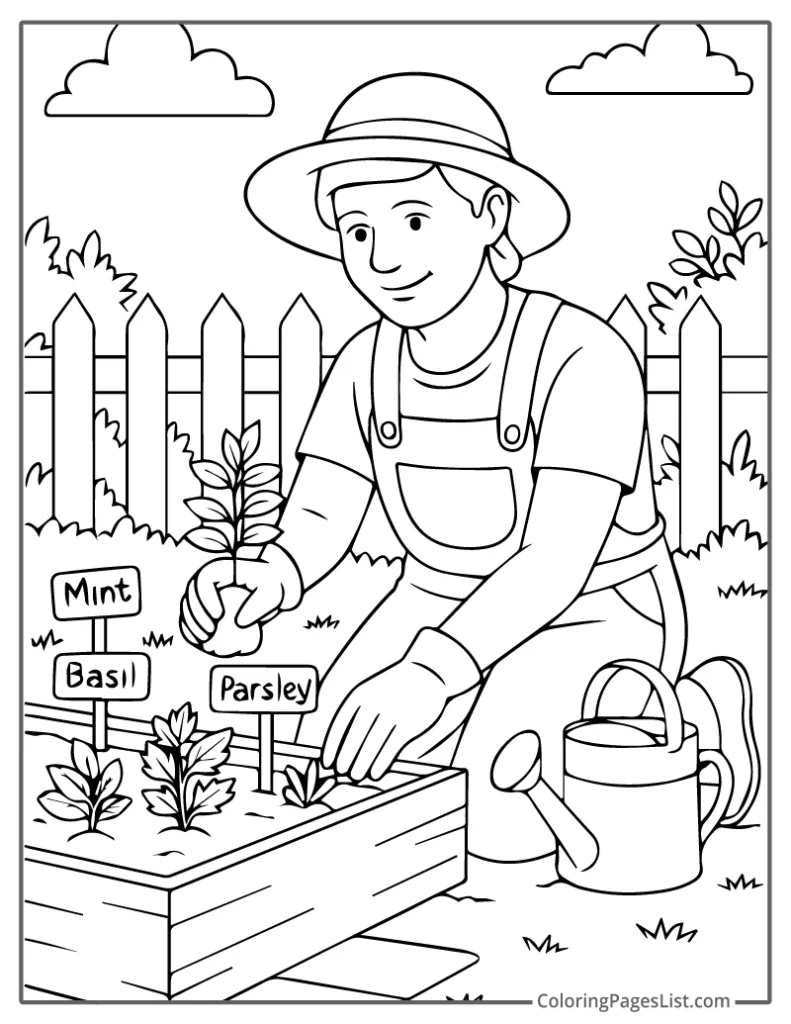 Planting Herbs in a Cozy Garden Bed Coloring Sheet