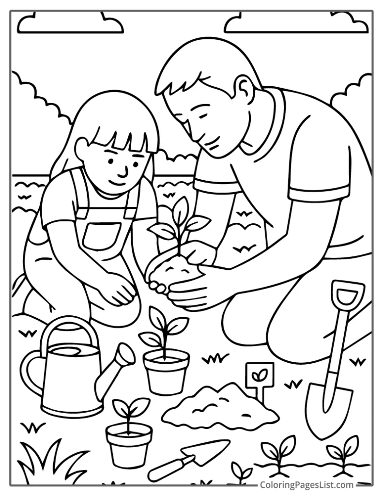 Planting a Seedling in the Garden Soil Coloring Sheet