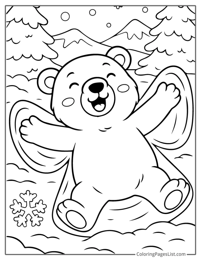 Playful Bear Making a Snow Angel Coloring Sheet