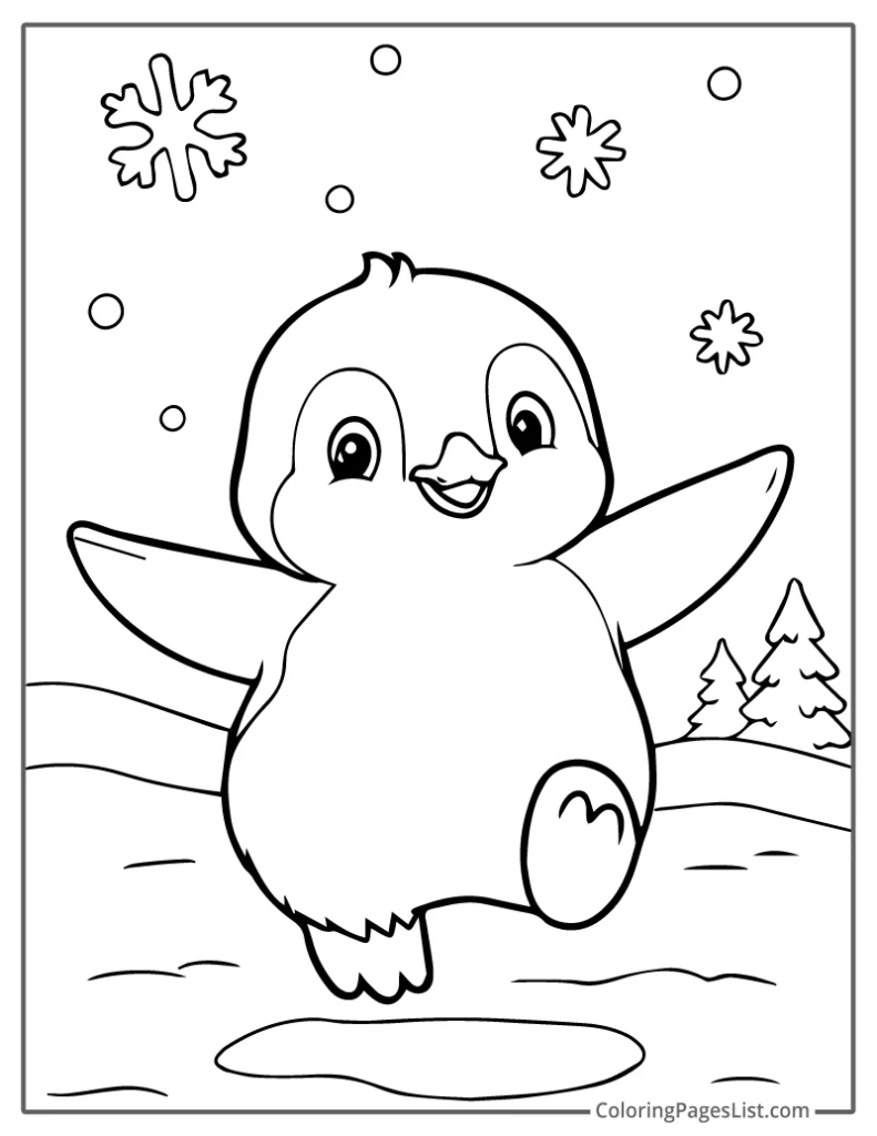 Playful Penguin Jumping with Snowflakes in the Air For Coloring