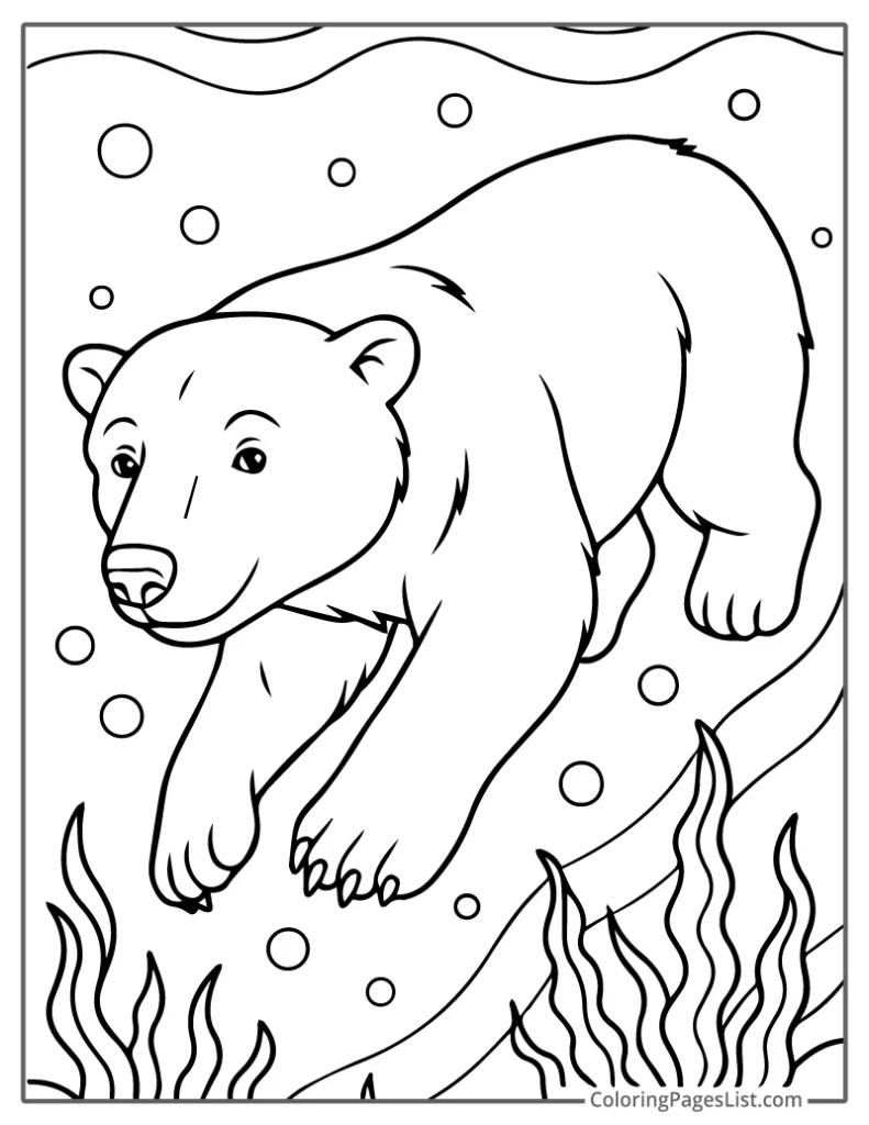 Polar Bear Swimming Underwater with Bubbles To Color In