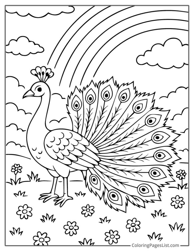 Proud Peacock In Meadow Beneath A Rainbow Coloring Page