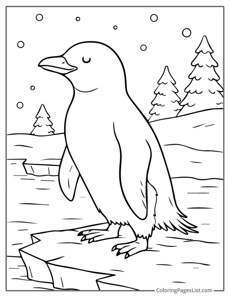 Quiet Penguin Resting on a Frozen Lake Coloring Page For Kids