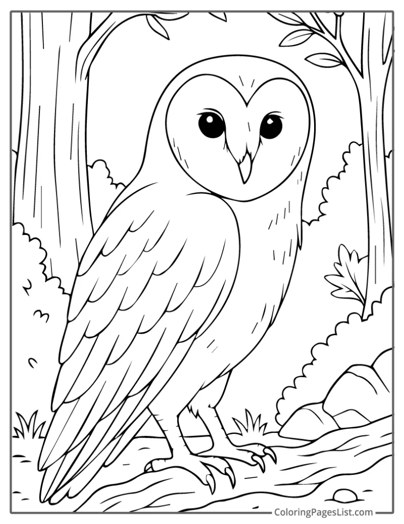 Realistic Barn Owl Standing in the Woodland For Coloring