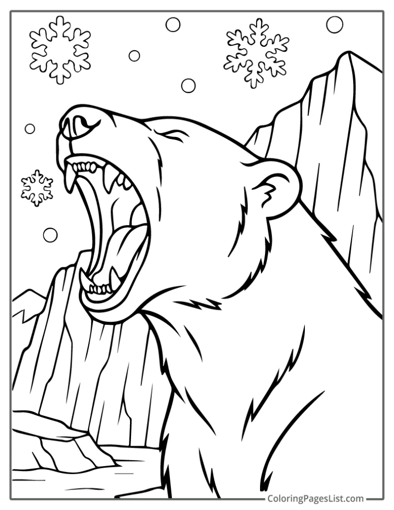 Roaring Polar Bear in an Icy Mountain Scene For Coloring