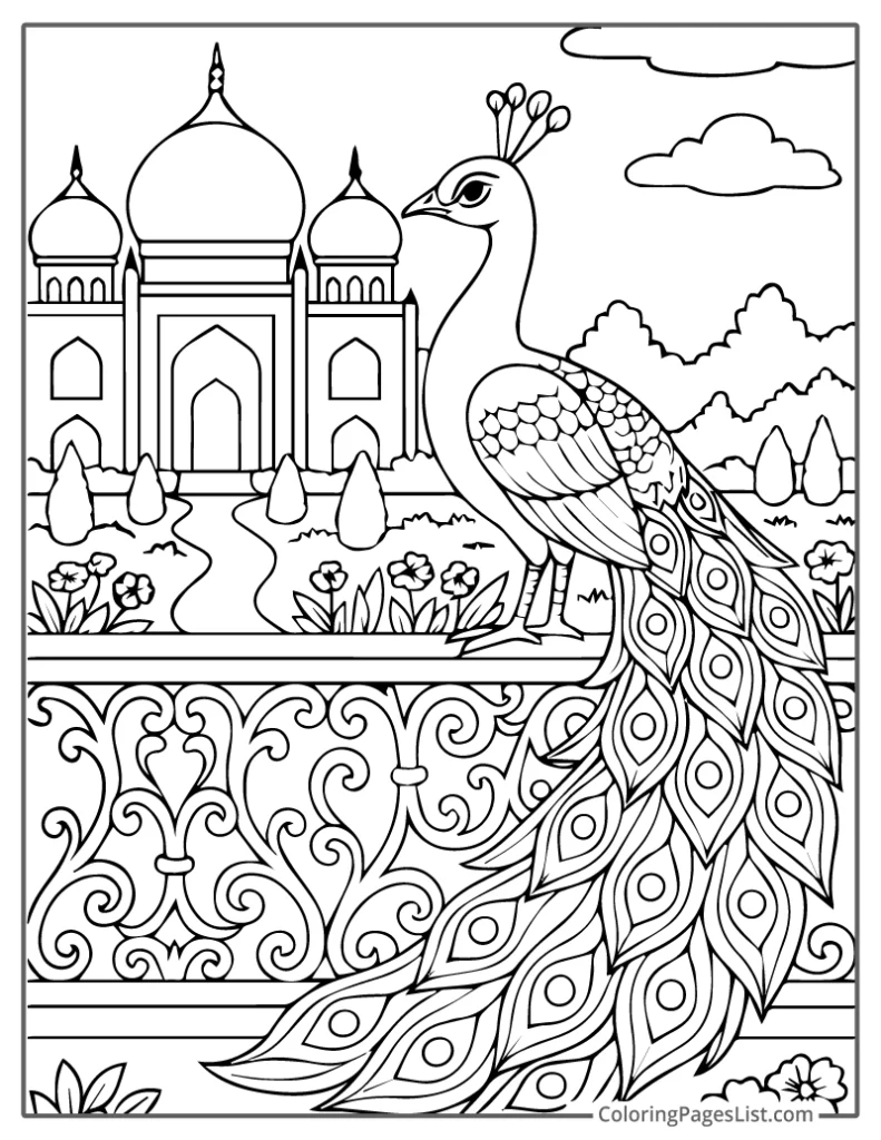 Royal Peacock Near Palace Garden With Floral Railing For Coloring