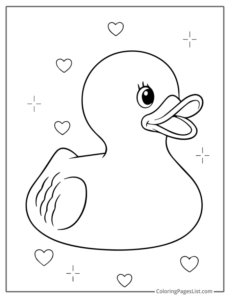 Rubber Duck With Hearts And Sparkles Coloring Page