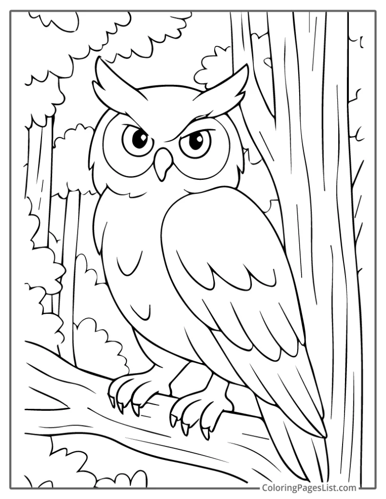 Serious Owl Perched in a Dense Forest Coloring Sheet For Kids