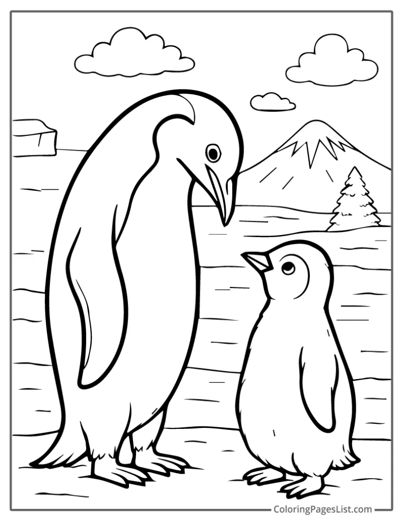 Simple Outline of Parent and Baby Penguin Sharing a Sweet Moment