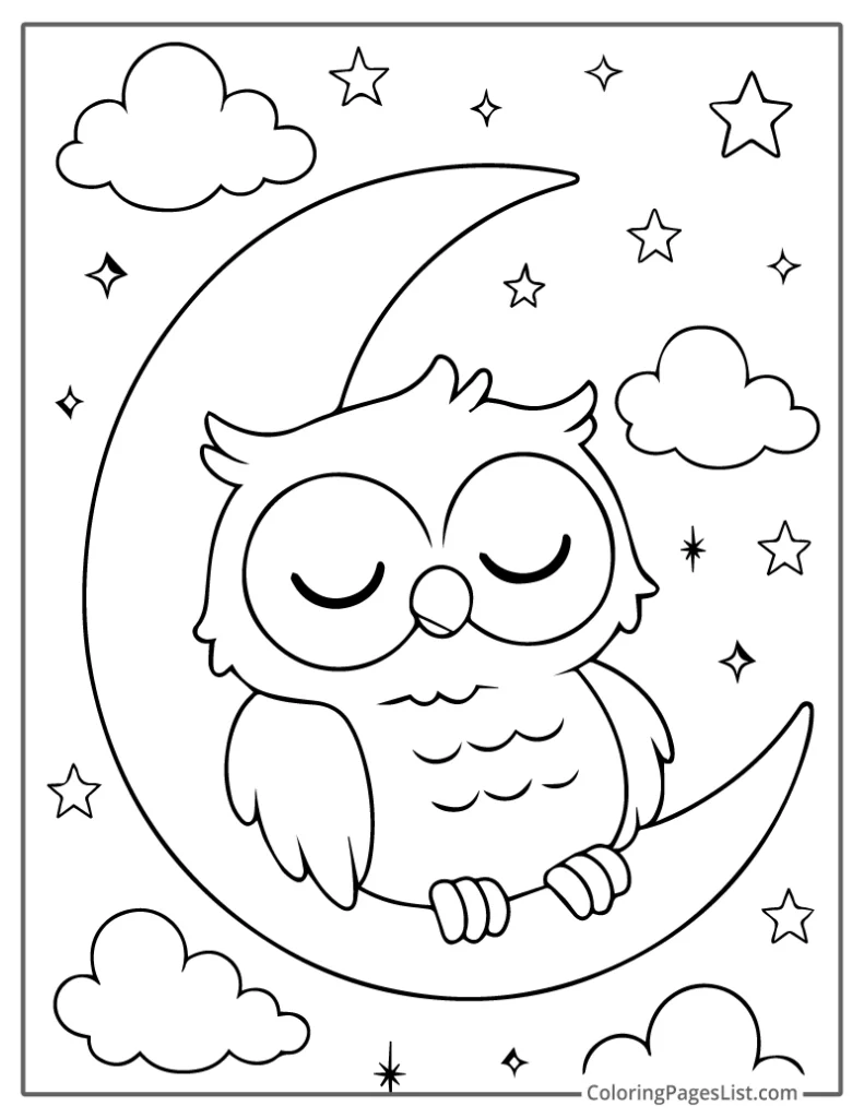 Sleeping Owl Curled Up on Crescent Moon For Coloring