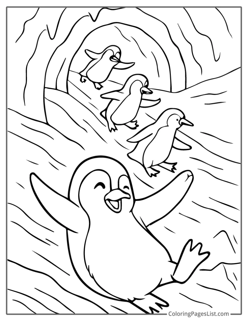 Sliding Penguins Having Fun in an Ice Tunnel Coloring Sheet