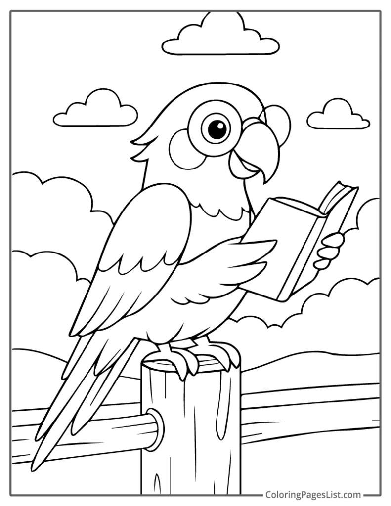 Smart Parrot Reading Book On A Fence Coloring Sheet