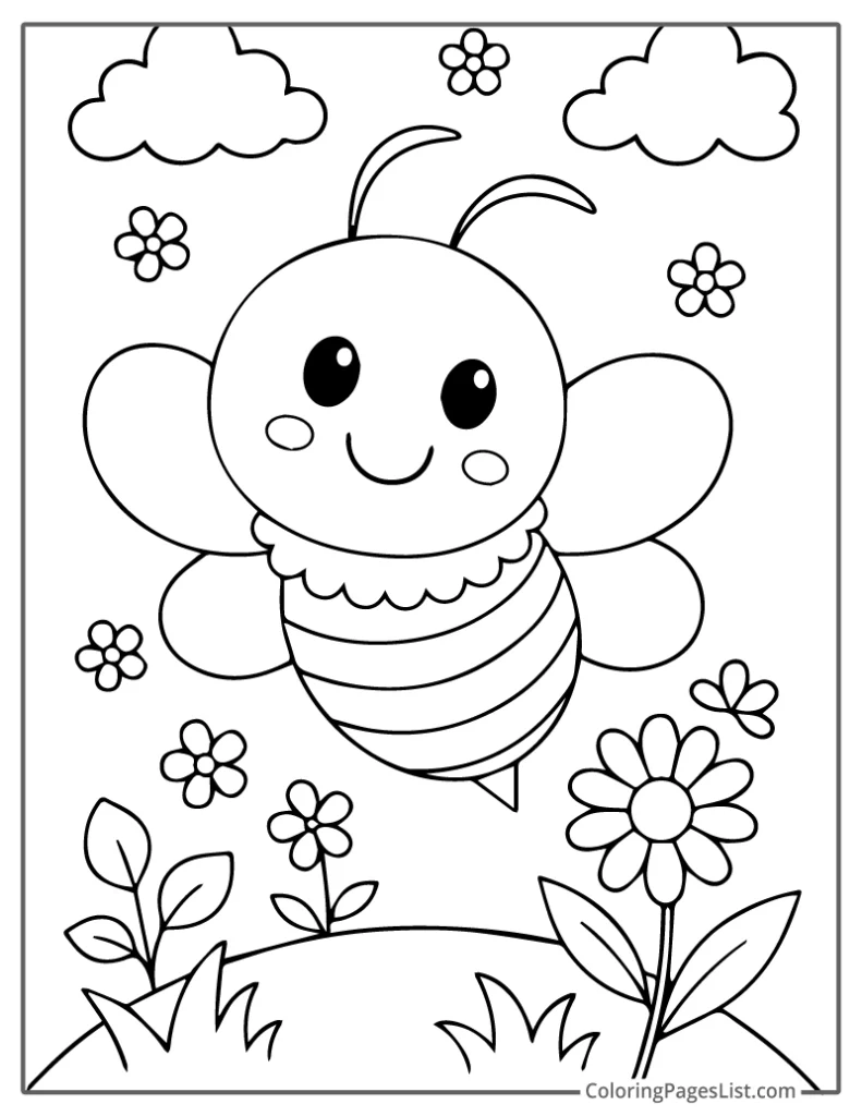 Smiling Bee Surrounded by Flowers and Clouds To Color In