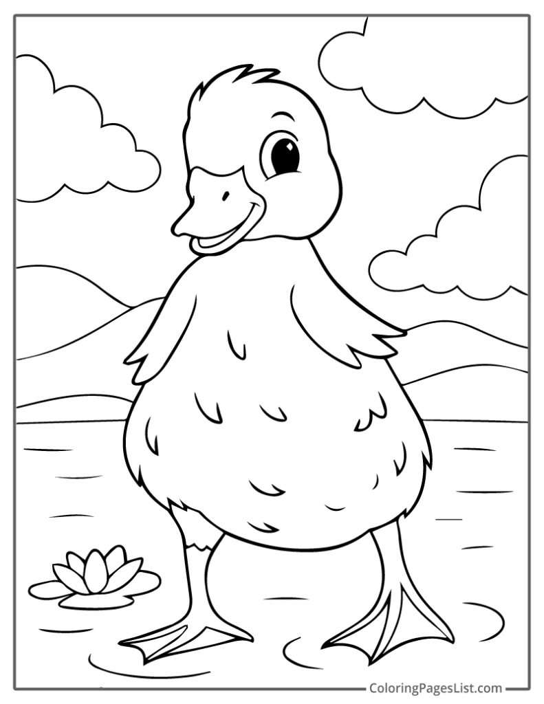 Smiling Duck Standing In Shallow Water Coloring Page