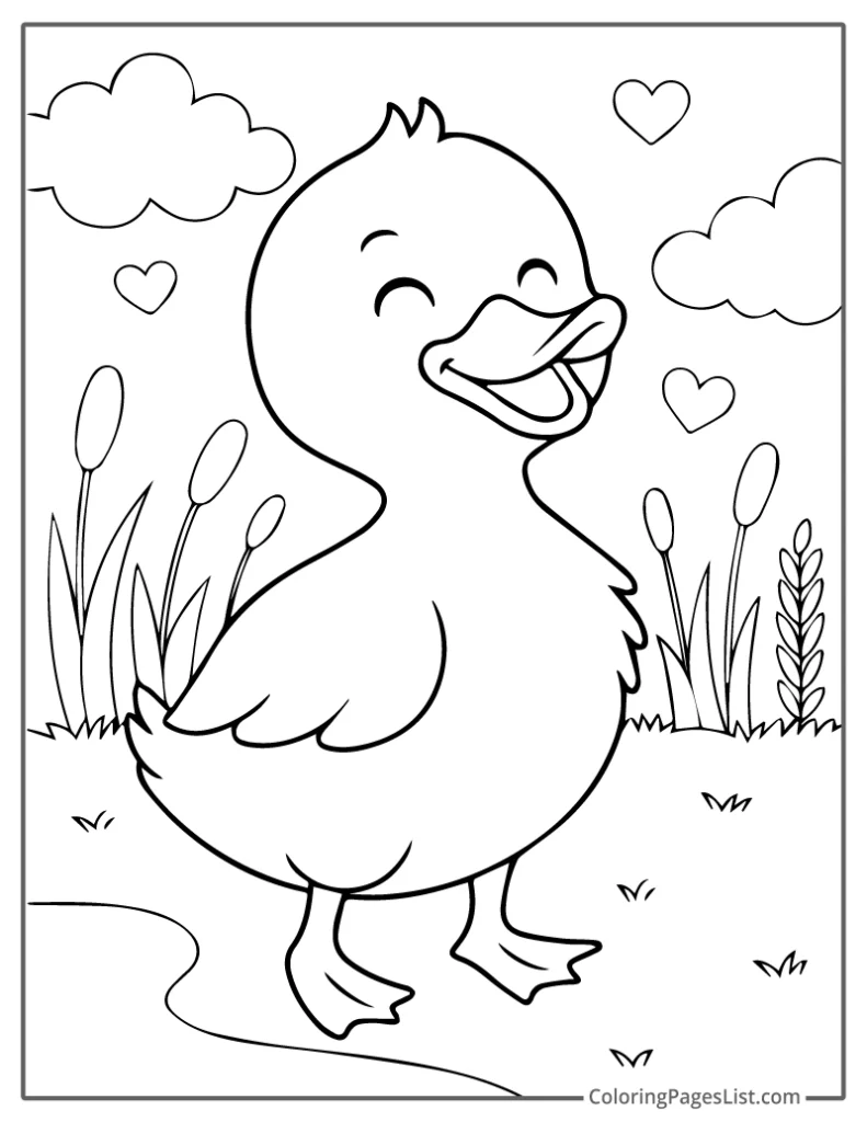 Smiling Duck Surrounded By Hearts Coloring Page