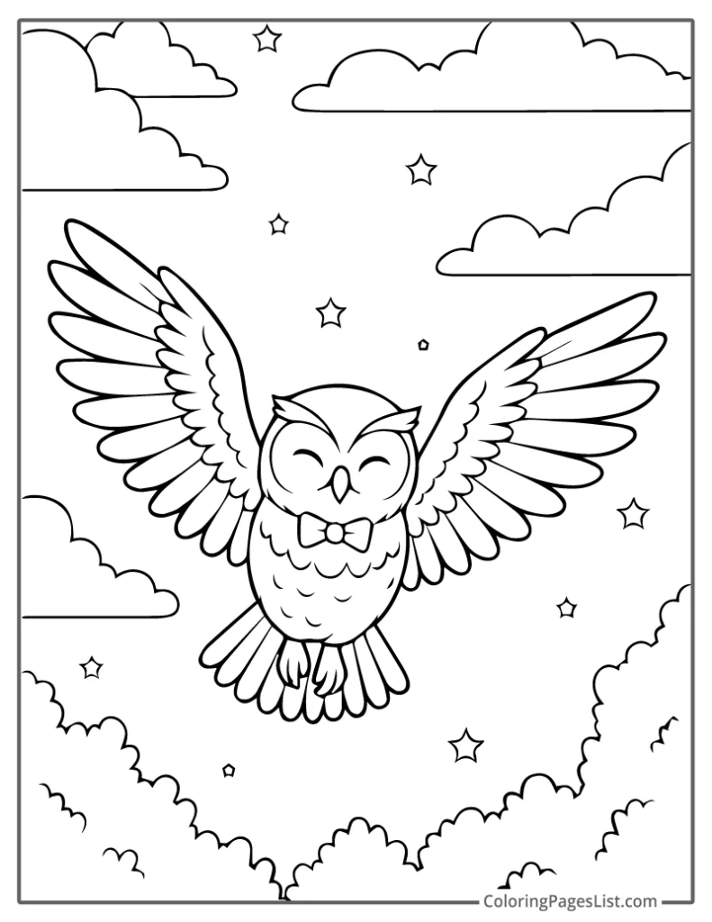 Smiling Owl Flying Through a Starry Night Sky To Color In