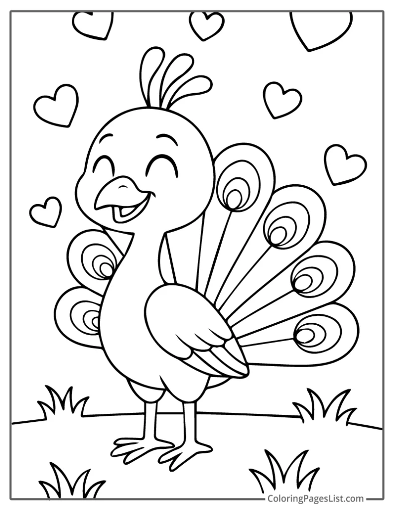 Smiling Peacock Surrounded By Floating Hearts To Color In