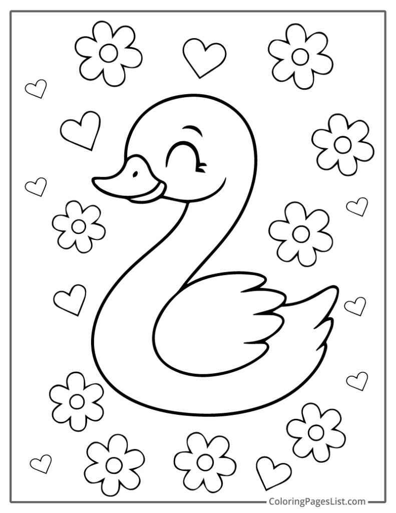 Smiling Swan with Hearts and Flowers Coloring Page
