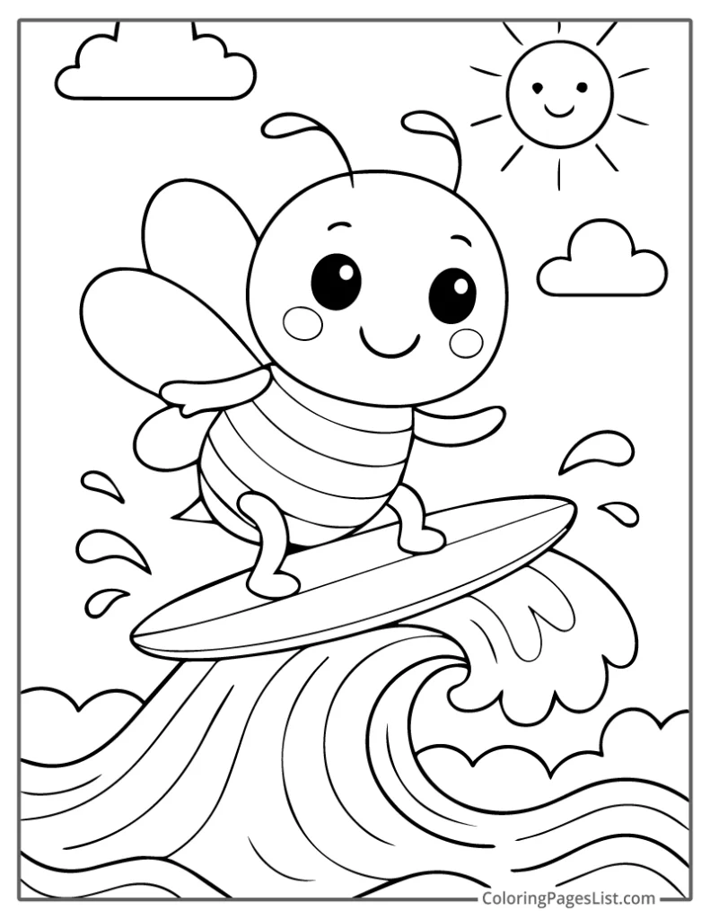Surfing Bee Riding a Big Wave Coloring Page
