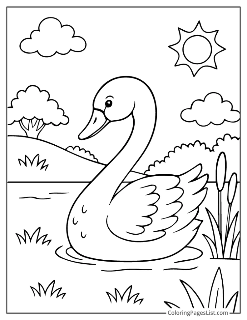 Swan Floating by the Hills and Reeds To Color In